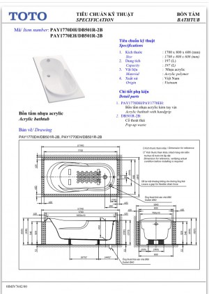 Bồn tắm TOTO PAY1770DH/DB501R-2B