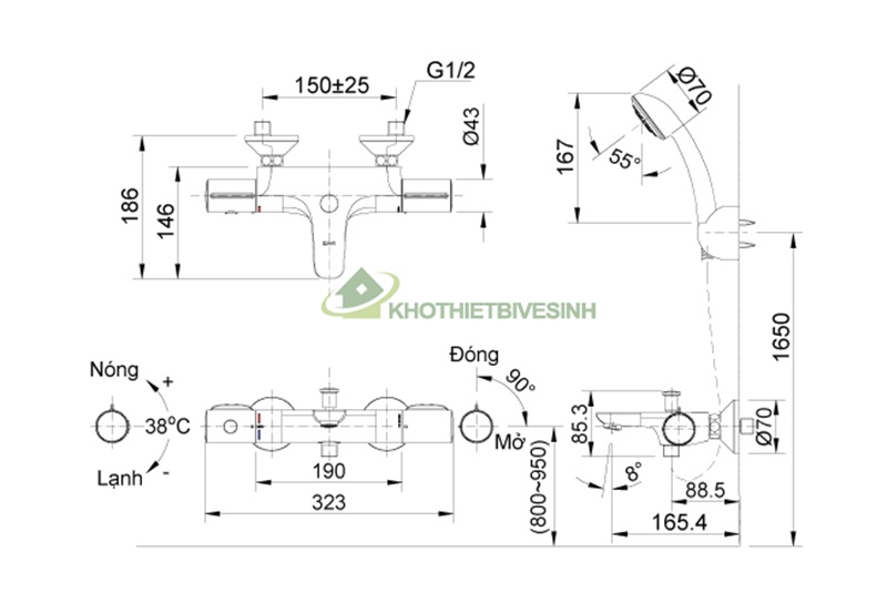 Bản vẽ Sen tắm nhiệt độ Inax BFV-3413T-8C