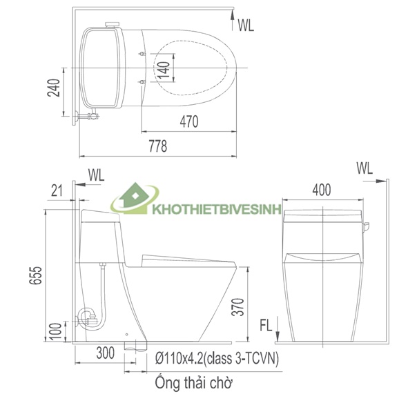 bản vẽ Bồn Cầu INAX AC-918VRN-1 