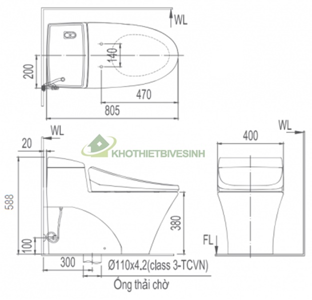 bản vẽ kĩ thuật Bồn Cầu 1 Khối INAX AC-1008VRN Xả Nhấn