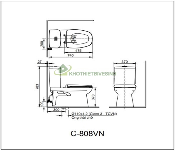 Bản vẽ bồn cầu 2 khối AC808VN