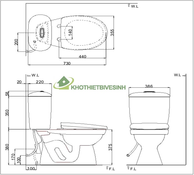 Bản vẽ bồn cầu 2 khối inax C-306VPT