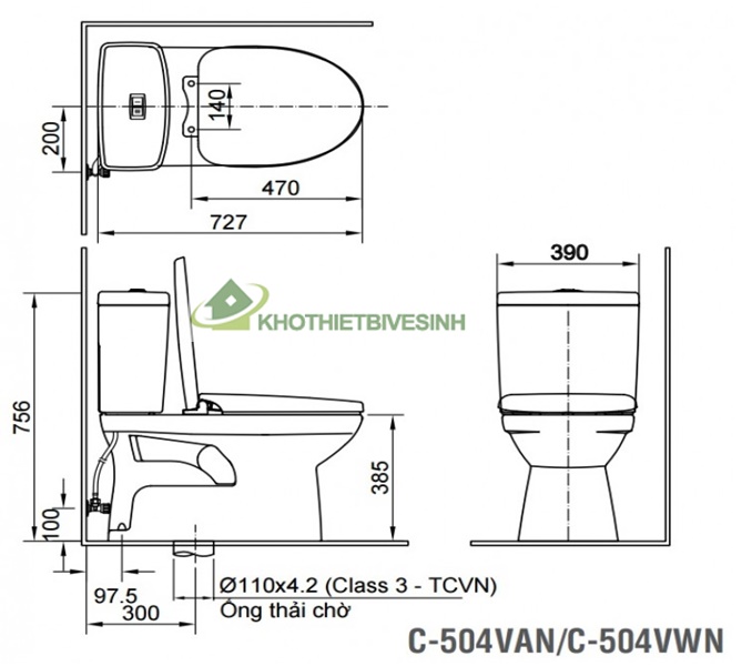 Bản vẽ bồn cầu 2 khối inax C-504VAN