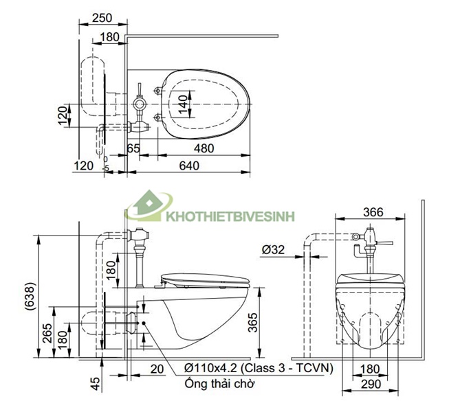 Bản vẽ bồn cầu treo tường inax AC-22PVN
