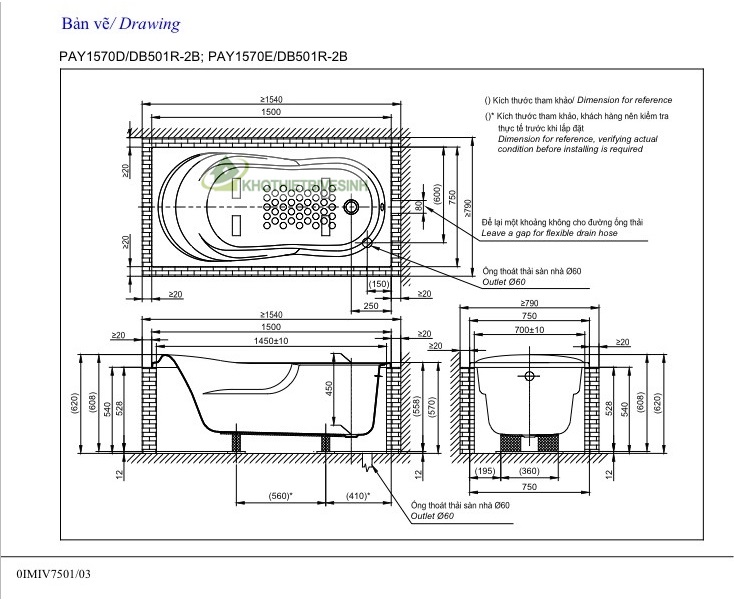 bản vẽ kỹ thuật bồn tắm toto pay1570d/db501r-2b