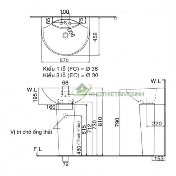 Bản vẽ Chân Chậu Treo Tường Inax L-288VD