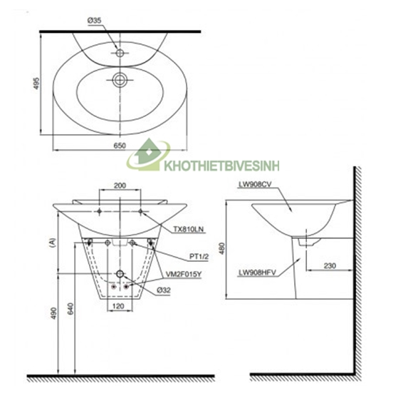 bản vẽ kỹ thuật chậu lavabo LHT908C