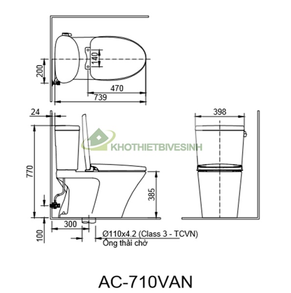 Bản vẽ bồn cầu 2 khối inax AC-710VAN