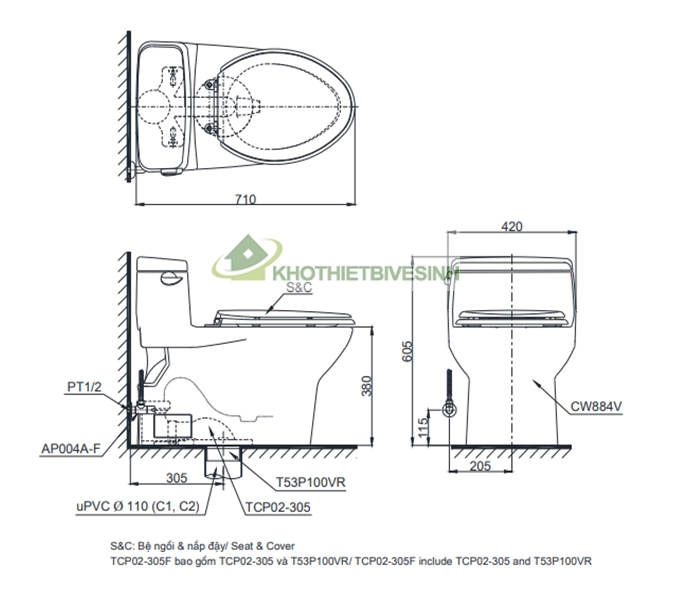 Thông số kỹ thuật bồn cầu toto ms884w6