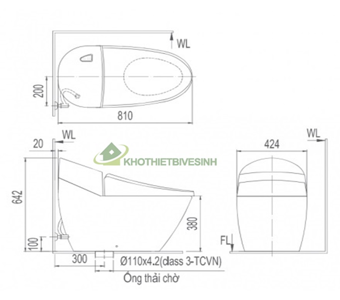 bản vẽ kĩ thuật Bồn Cầu Thông Minh INAX AC-2700/CW-KA22AVN