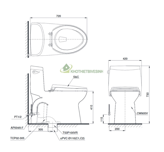 bản vẽ kỹ thuật bồn cầu toto ms905w7