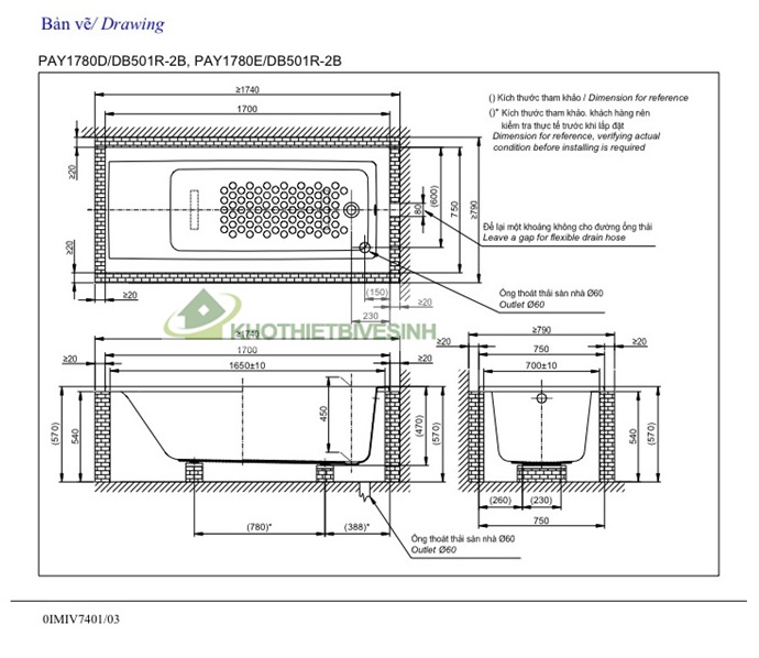 bản vẽ kỹ thuật bồn tắm toto PAY1780D/DB501R-2B