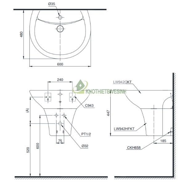 bản vẽ kỹ thuật chậu lavabo LT942CK