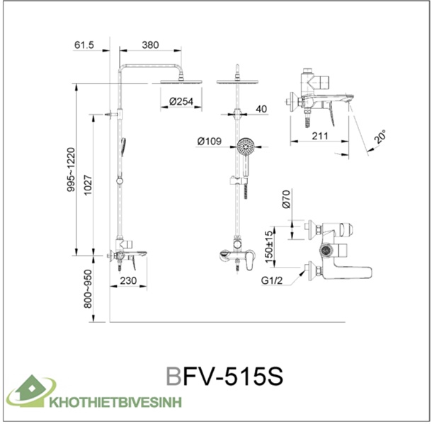 Bản vẽ Bộ Sen Cây Cao Cấp Inax BFV-515S Nóng Lạnh