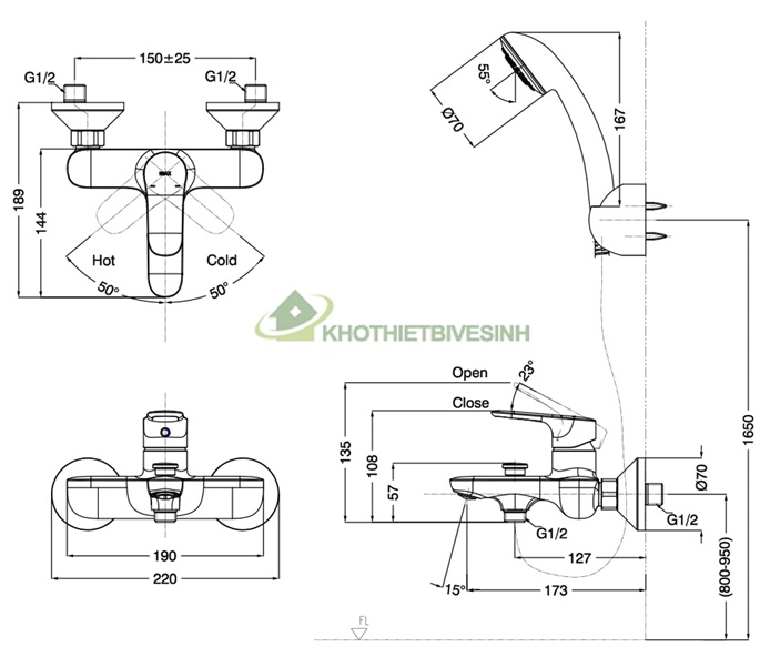 Bản vẽ vòi hoa sen inax BFV-1403S-7C nóng lạnh