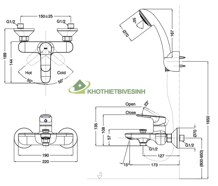 Bản vẽ vòi hoa sen inax BFV-1403S-8C nóng lạnh