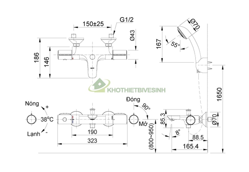Bản vẽ Sen tắm nhiệt độ Inax BFV-3413T-7C