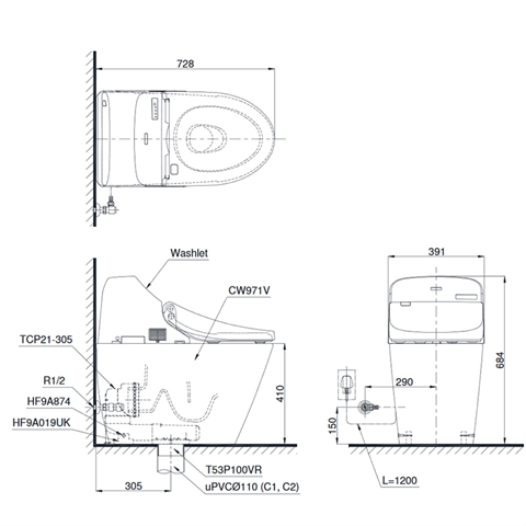 Nội, ngoại thất: Bồn cầu điện tử TOTO C971/TCF9433A So-do-ToTo-C971TCF9433A