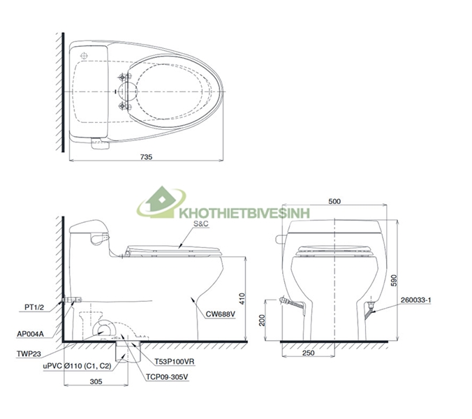 bản vẽ kỹ thuật bồn cầu toto ms688w6